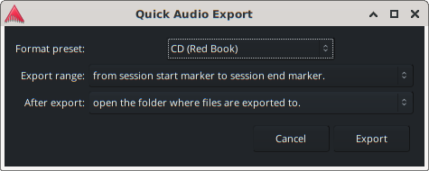 screenshot of quick export dialog